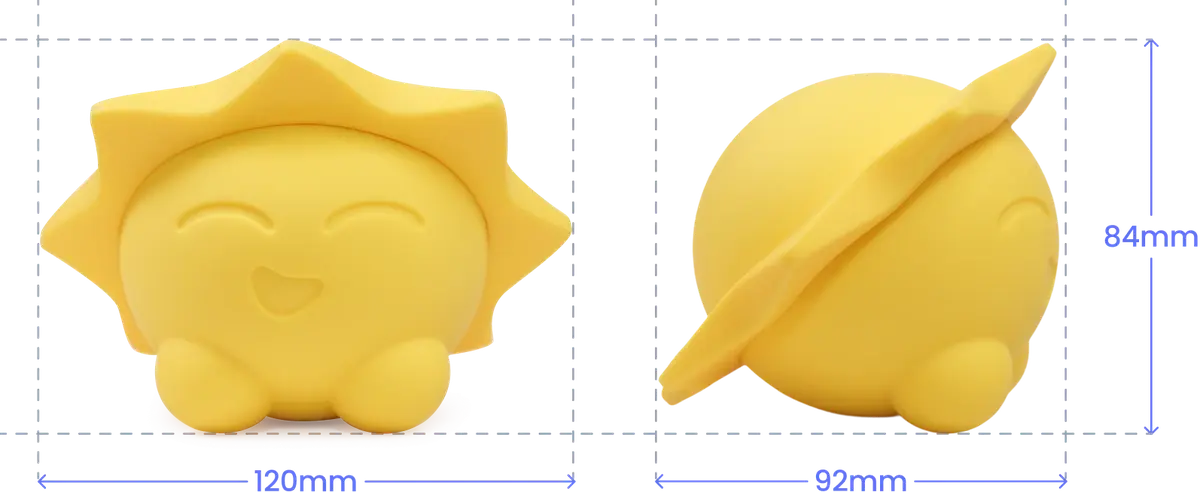 Dispositivo Sunny — dimensiones de 120×92×84 mm, peso de 240 g, carcasa de silicona sin BPA, diseño ergonómico adaptado a las manos infantiles.